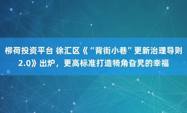 柳荷投资平台 徐汇区《“背街小巷”更新治理导则2.0》出炉，更高标准打造犄角旮旯的幸福